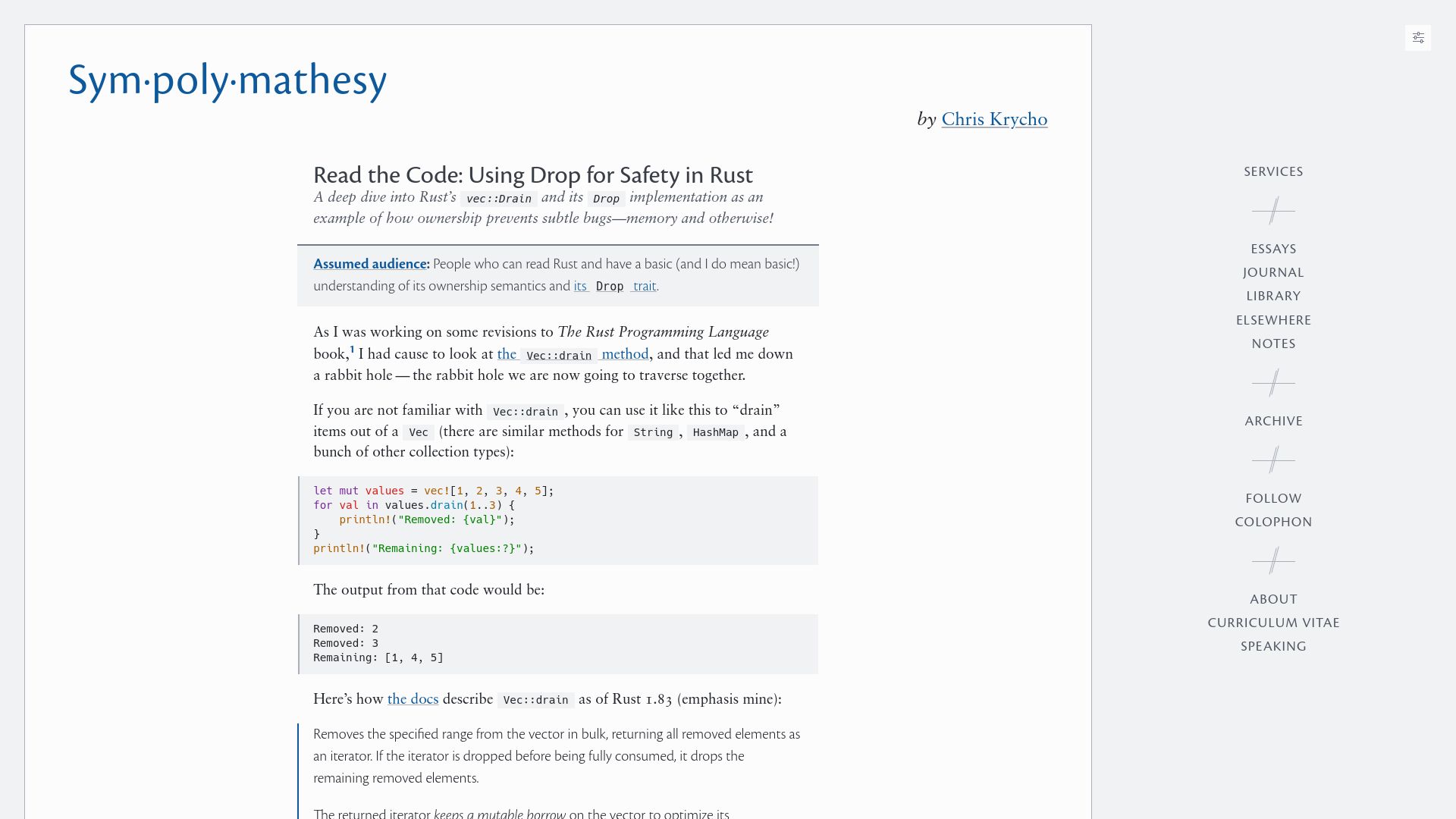 Screenshot of v5.chriskrycho.com: Using Drop for safety in Rust