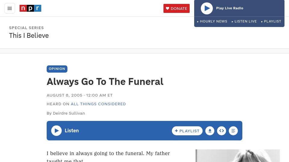 Screenshot of npr.org: Always go to the funeral (2005)
