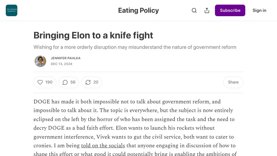 Screenshot of eatingpolicy.com: Wishing for a more orderly disruption may misunderstand government reform