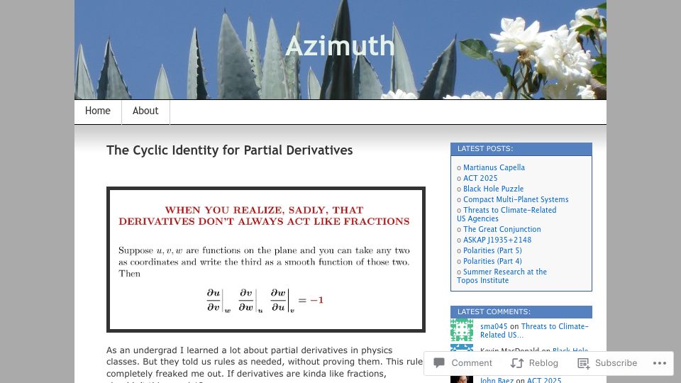 Screenshot of johncarlosbaez.wordpress.com: Derivatives don't always act like fractions (2021)