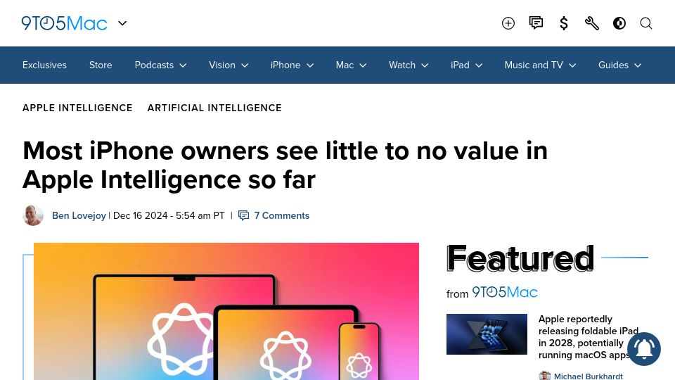 Screenshot of 9to5mac.com: Most iPhone owners see little to no value in Apple Intelligence so far