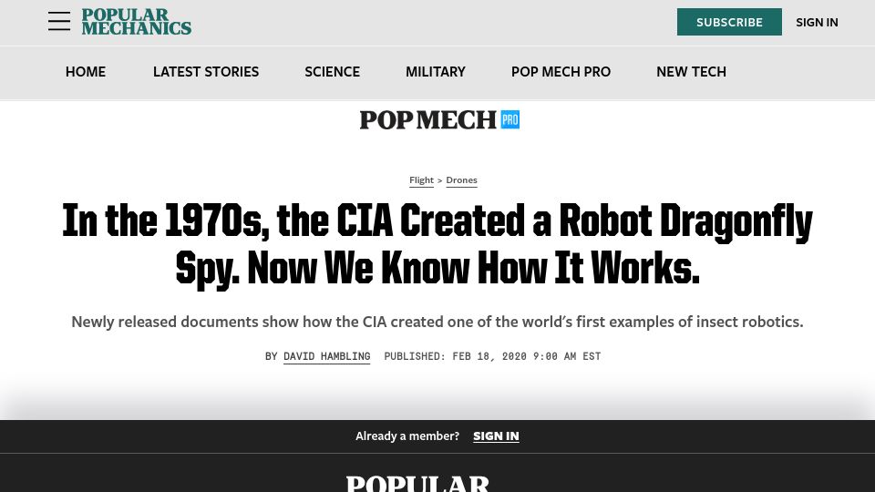 Screenshot of popularmechanics.com: In the 1970s, the CIA created a robot dragonfly (2020)