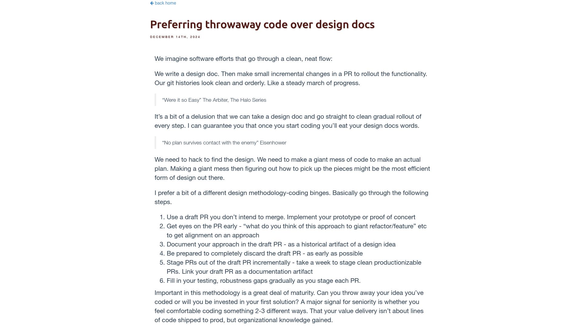 Screenshot of softwaredoug.com: Preferring throwaway code over design docs