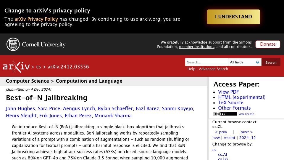 Screenshot of arxiv.org: Best-of-N Jailbreaking