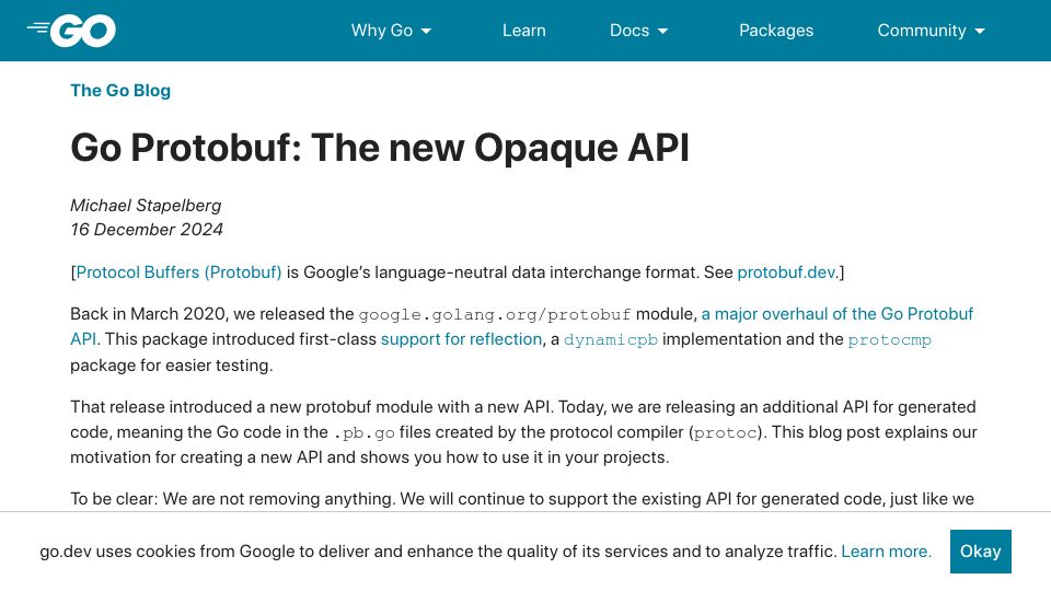 Screenshot of go.dev: Go Protobuf: The New Opaque API