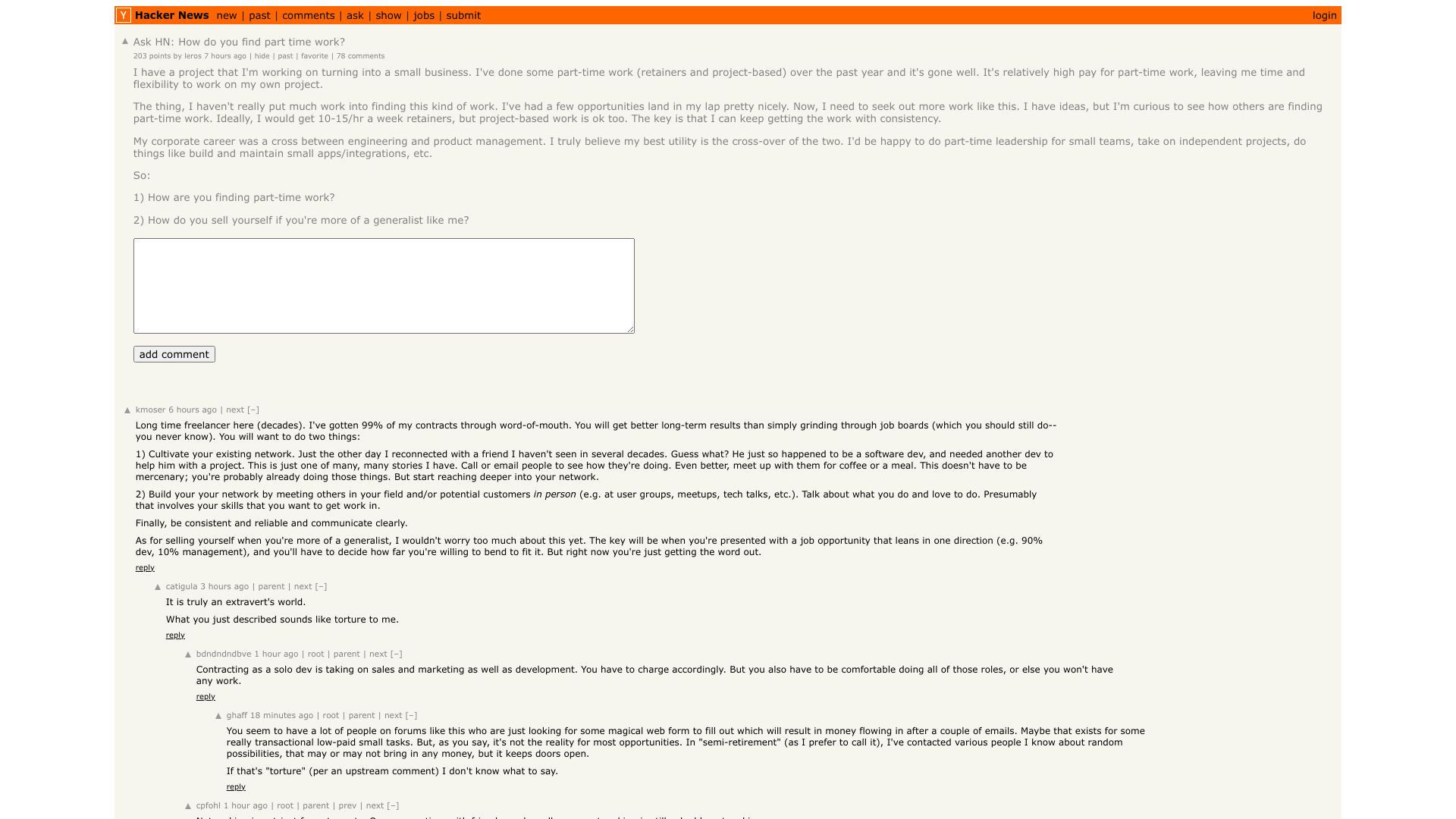 Screenshot of this Hacker News post: Ask HN: How do you find part time work?