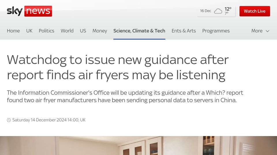 Screenshot of news.sky.com: Watchdog to issue new guidance after report finds air fryers may be listening