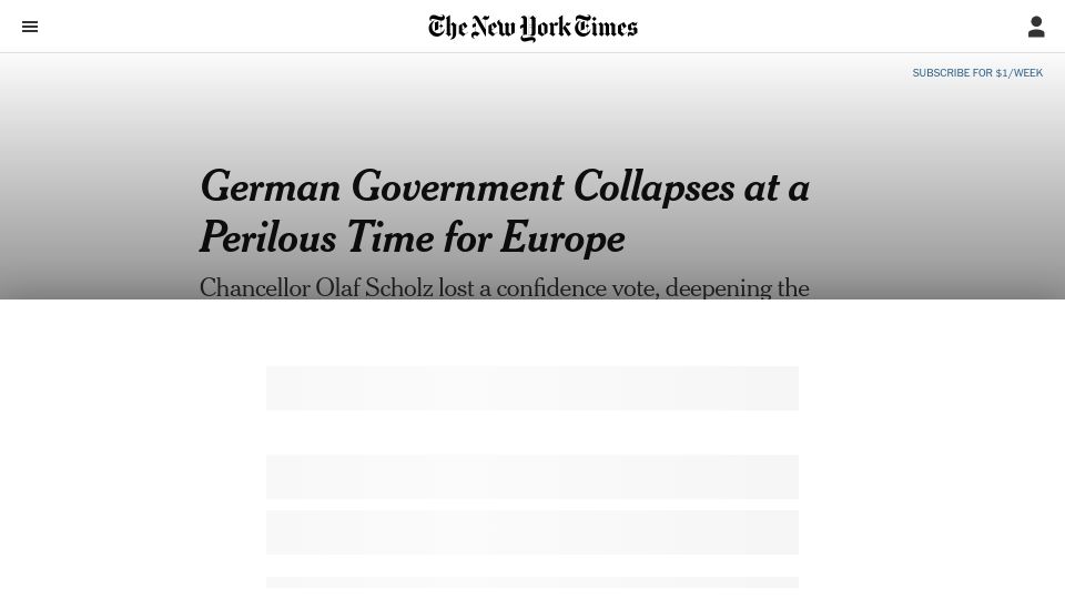 Screenshot of nytimes.com: Germany Government Collapses at a Perilous Time for Europe