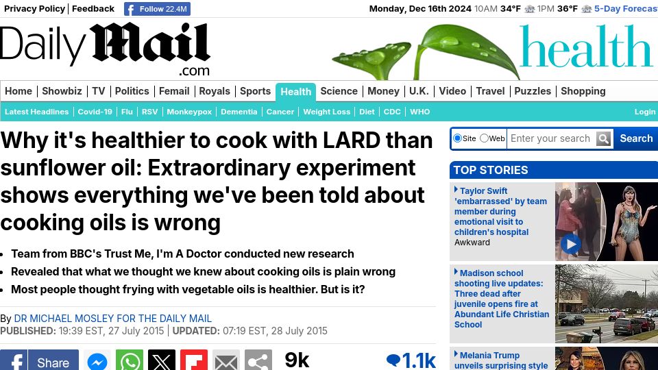Screenshot of dailymail.co.uk: Lard is healthier than sunflower oil