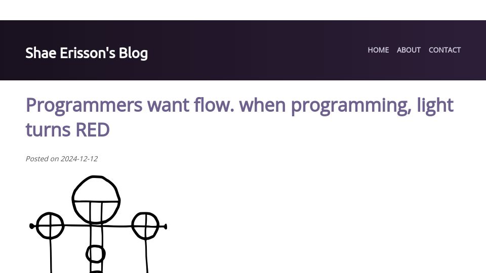 Screenshot of scannedinavian.com: Programmers want flow. when programming, light turns RED
