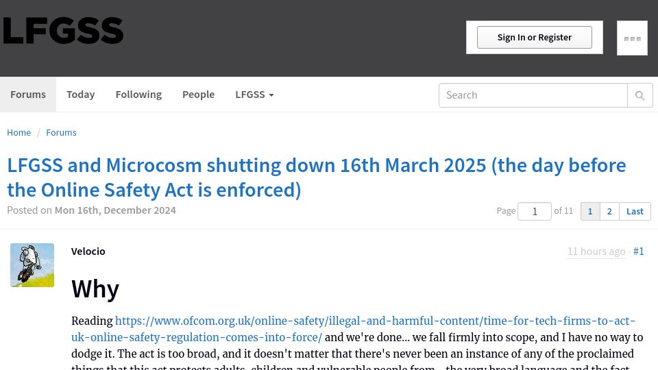 Screenshot of lfgss.com: Lfgss shutting down 16th March 2025 (day before Online Safety Act is enforced)