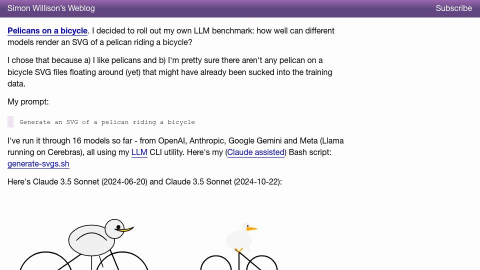 Screenshot of simonwillison.net: Pelicans on a bicycle