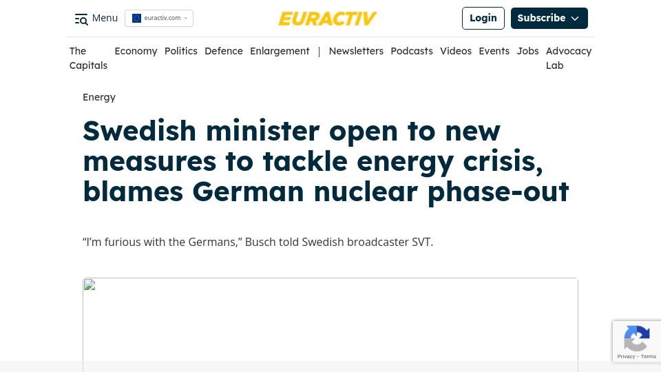 Screenshot of euractiv.com: Swedish minister eyes energy crisis steps, blames German nuclear phase-out