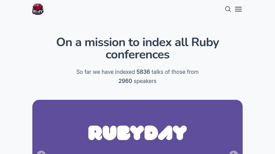 Screenshot of rubyvideo.dev: Ruby Video – On a mission to index all Ruby conferences