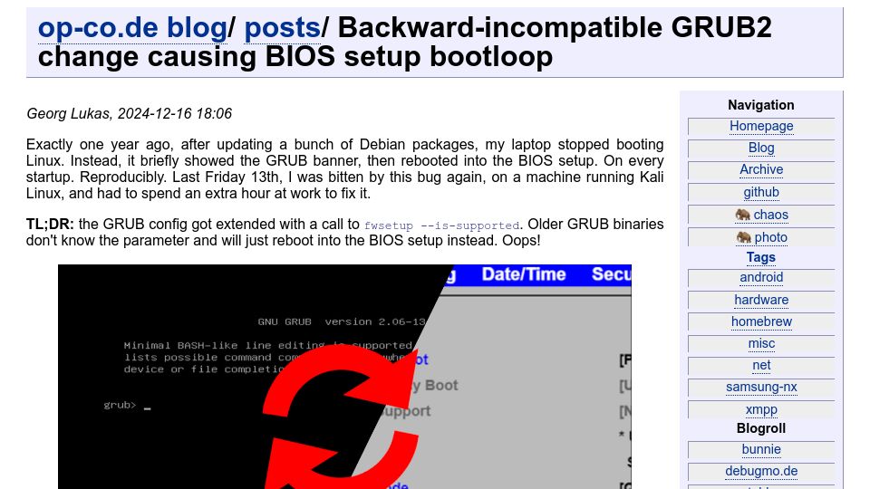 Screenshot of op-co.de: Backward-incompatible GRUB2 change causing BIOS setup bootloop