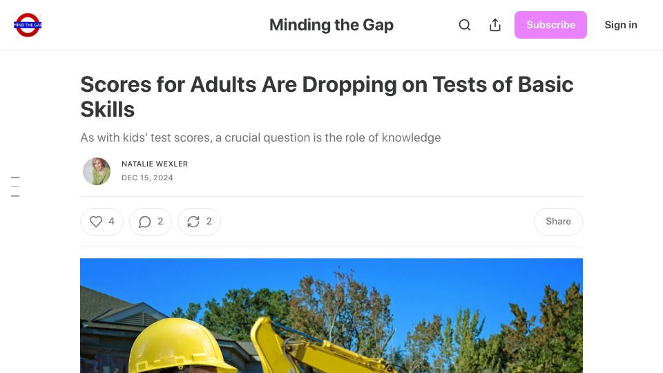 Screenshot of nataliewexler.substack.com: Scores for Adults Are Dropping on Tests of Basic Skills