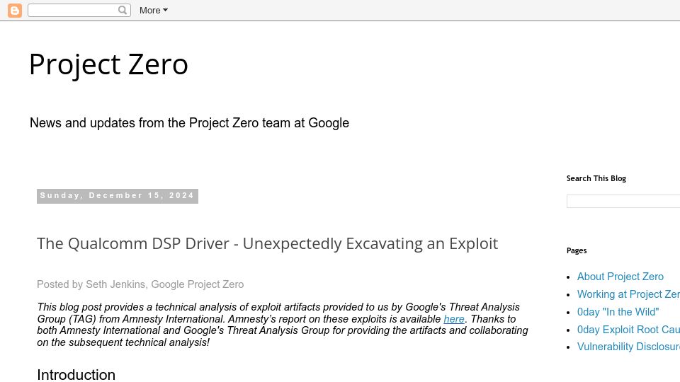 Screenshot of googleprojectzero.blogspot.com: The Qualcomm DSP Driver – Unexpectedly excavating an exploit