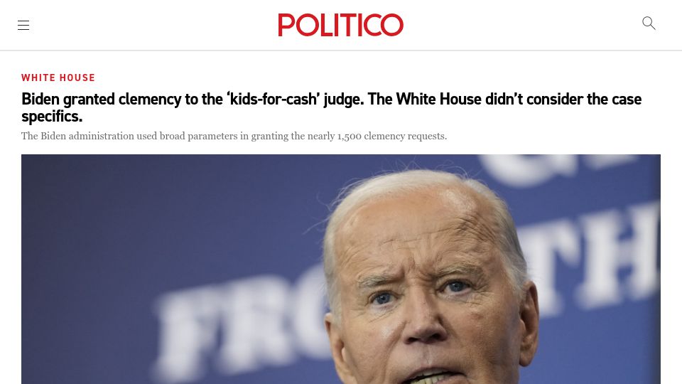 Screenshot of politico.com: White House granted clemency to the 'kids-for-cash' judge