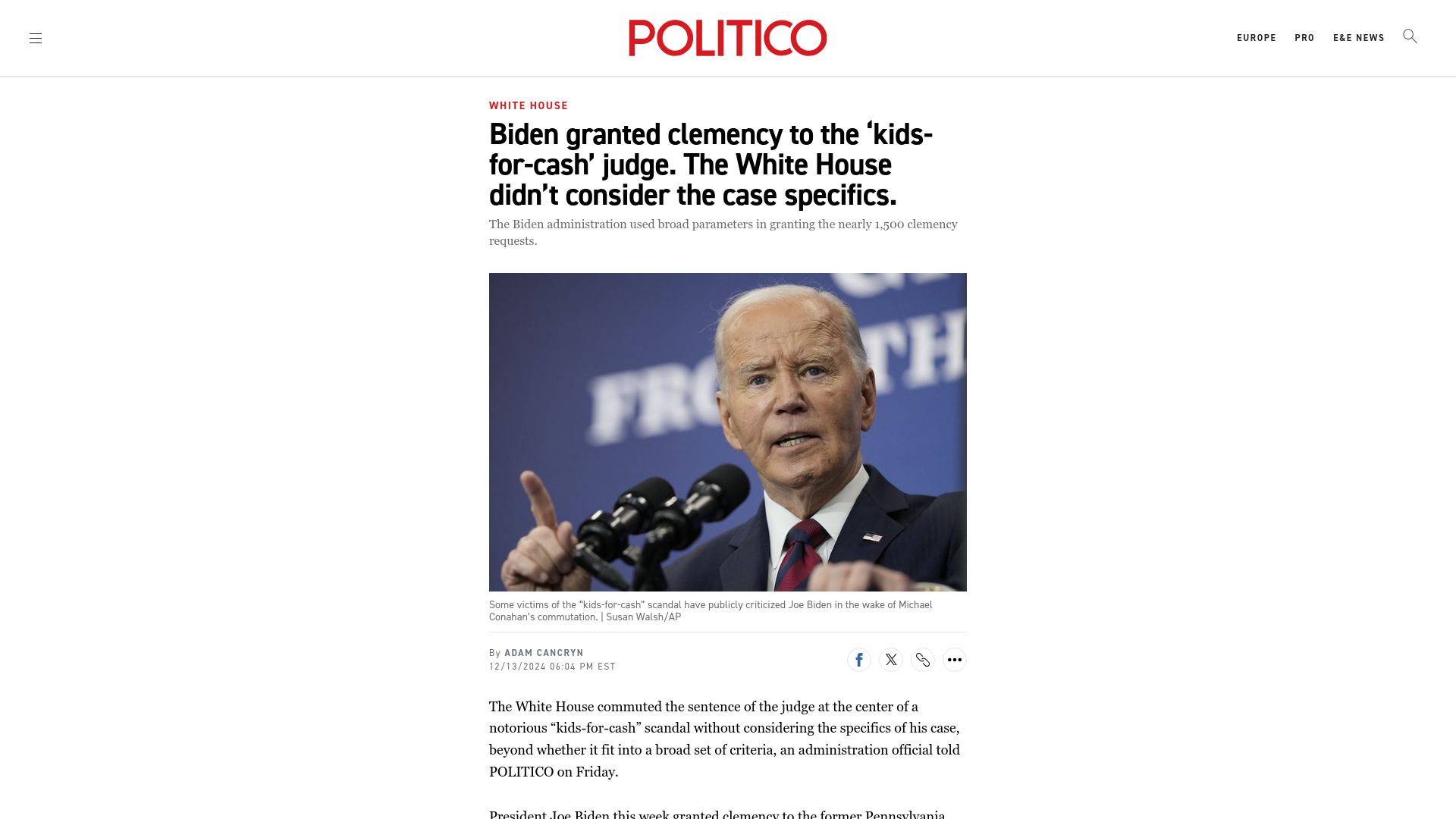 Screenshot of politico.com: White House granted clemency to the 'kids-for-cash' judge