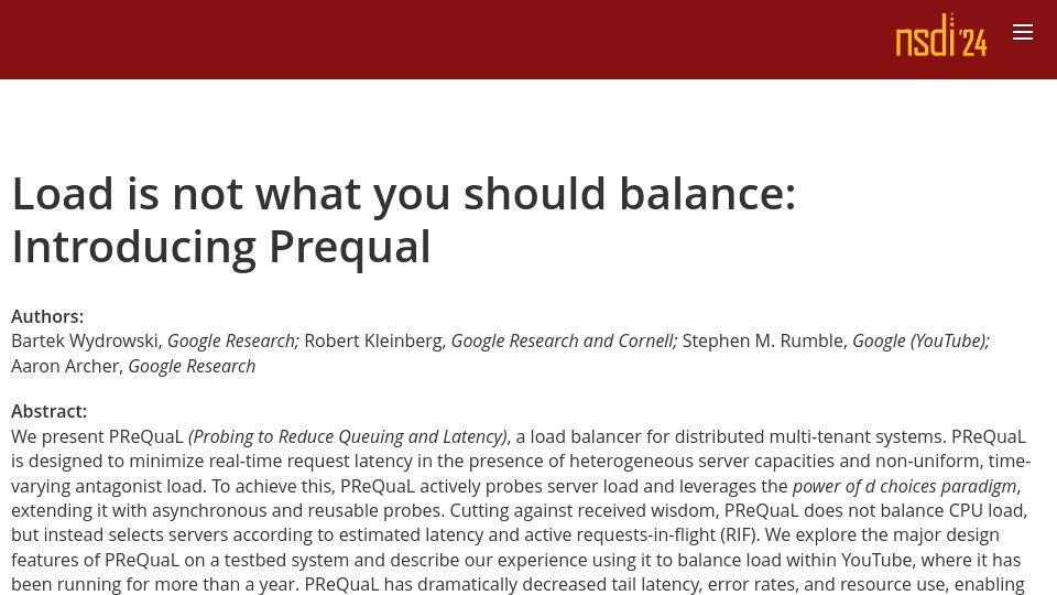 Screenshot of usenix.org: Load is not what you should balance: Introducing Prequal
