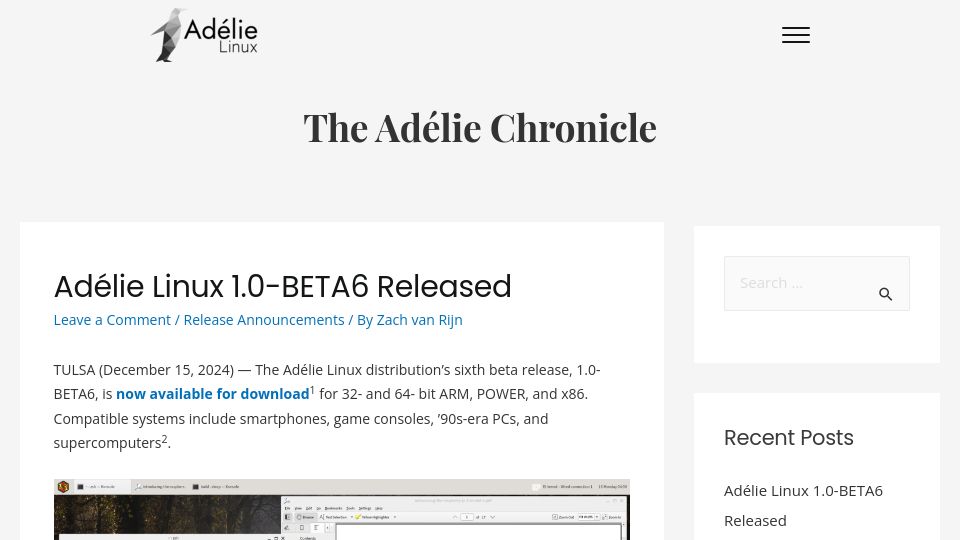 Screenshot of blog.adelielinux.org: Adélie Linux 1.0-BETA6 Released