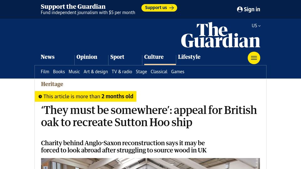 Screenshot of theguardian.com: Appeal for British oak to recreate Sutton Hoo ship
