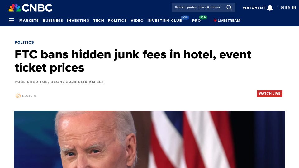 Screenshot of cnbc.com: FTC bans hidden junk fees in hotel, event ticket prices