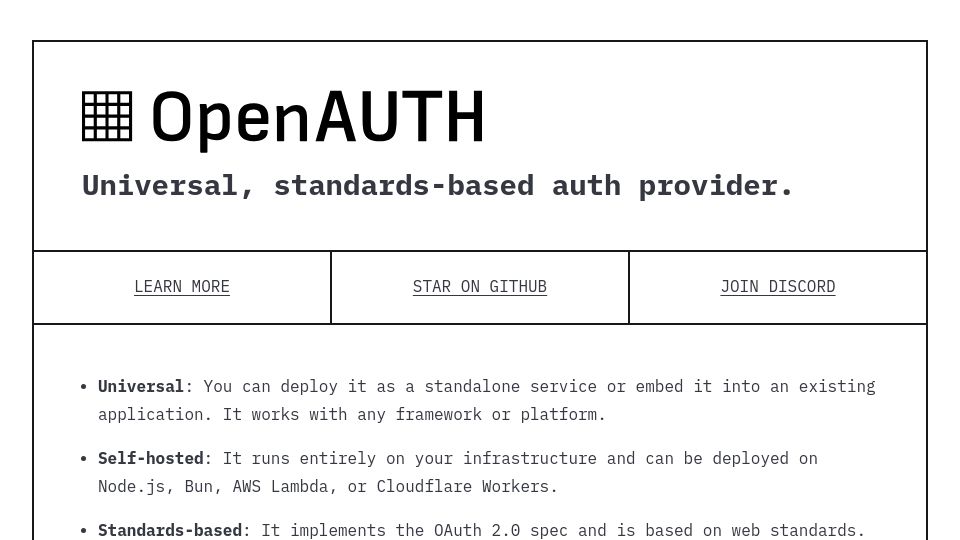 Screenshot of openauth.js.org: OpenAUTH: Universal, standards-based auth provider
