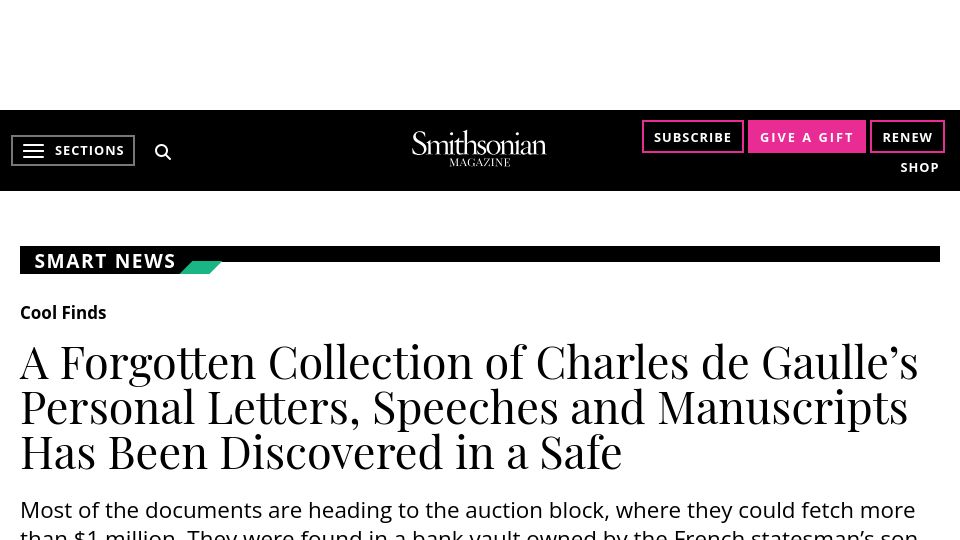 Screenshot of smithsonianmag.com: Charles de Gaulle manuscripts discovered in a safe