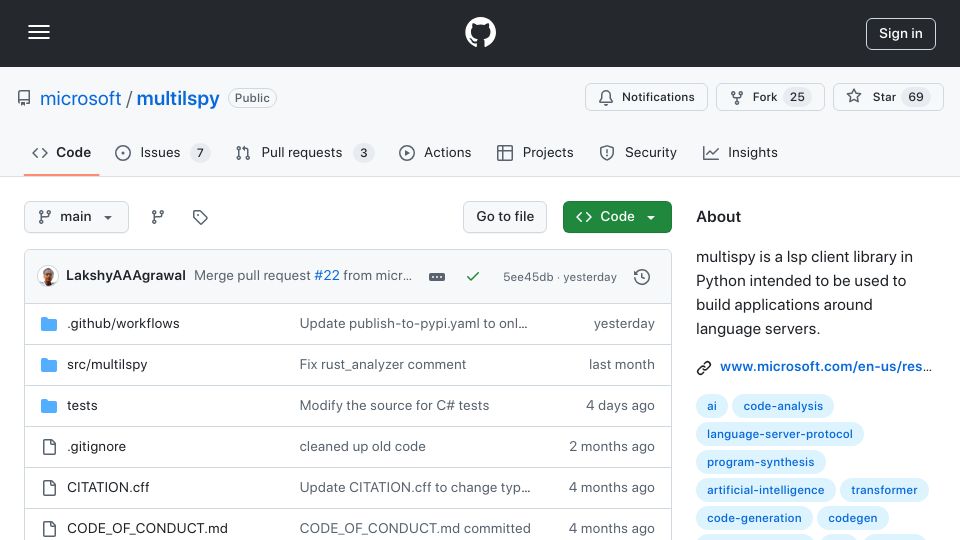 Screenshot of github.com: Multilspy: Building a common LSP client handtuned for all Language servers