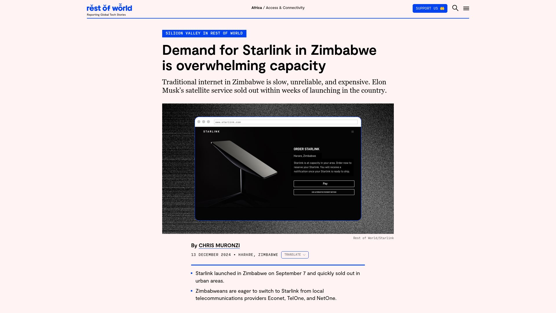 Screenshot of restofworld.org: Demand for Starlink in Zimbabwe is overwhelming capacity