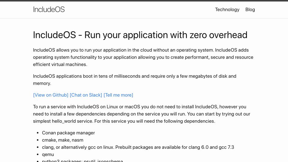 Screenshot of includeos.org: Includeable minimal operating system for C++