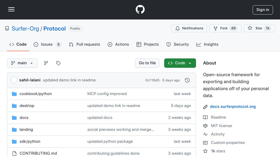 Screenshot of github.com: Surfer: Open-Source Personal Data Warehouse