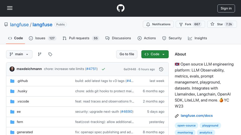 Screenshot of github.com: Launch HN: Langfuse (YC W23) – OSS Tracing and Workflows to Improve LLM Apps