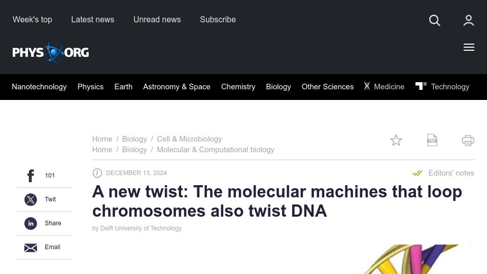 Screenshot of phys.org: Molecular machines that loop chromosomes also twist DNA