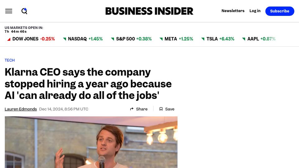 Screenshot of businessinsider.com: Klarna CEO: Company stopped hiring because AI 'can do all of the jobs'