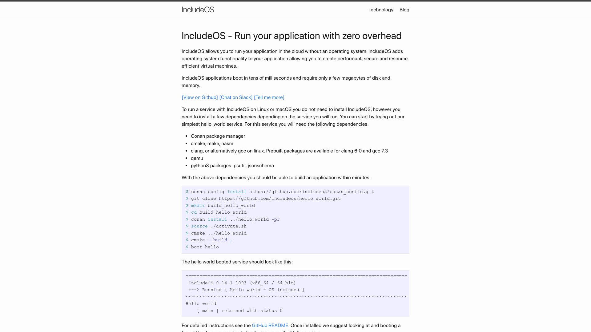 Screenshot of includeos.org: Includeable minimal operating system for C++