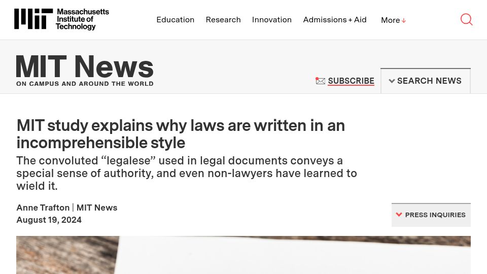 Screenshot of news.mit.edu: MIT study explains why laws are written in an incomprehensible style