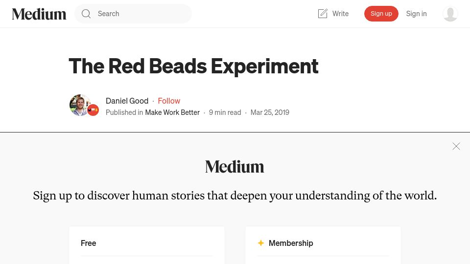 Screenshot of medium.com: The Red Beads Experiment (2019)