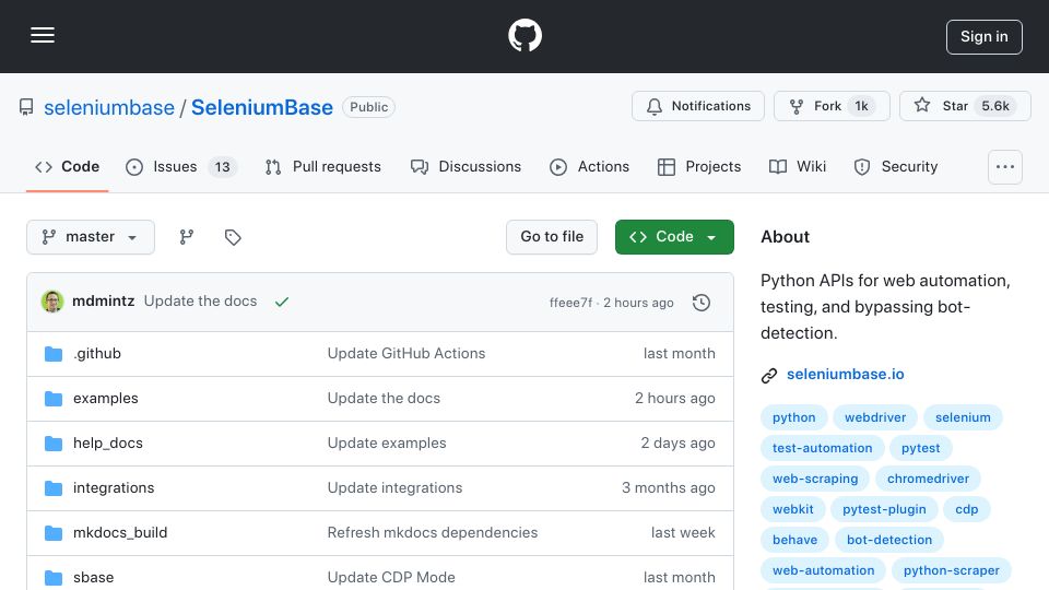 Screenshot of github.com: SeleniumBase: Python APIs for web automation and bypassing bot-detection