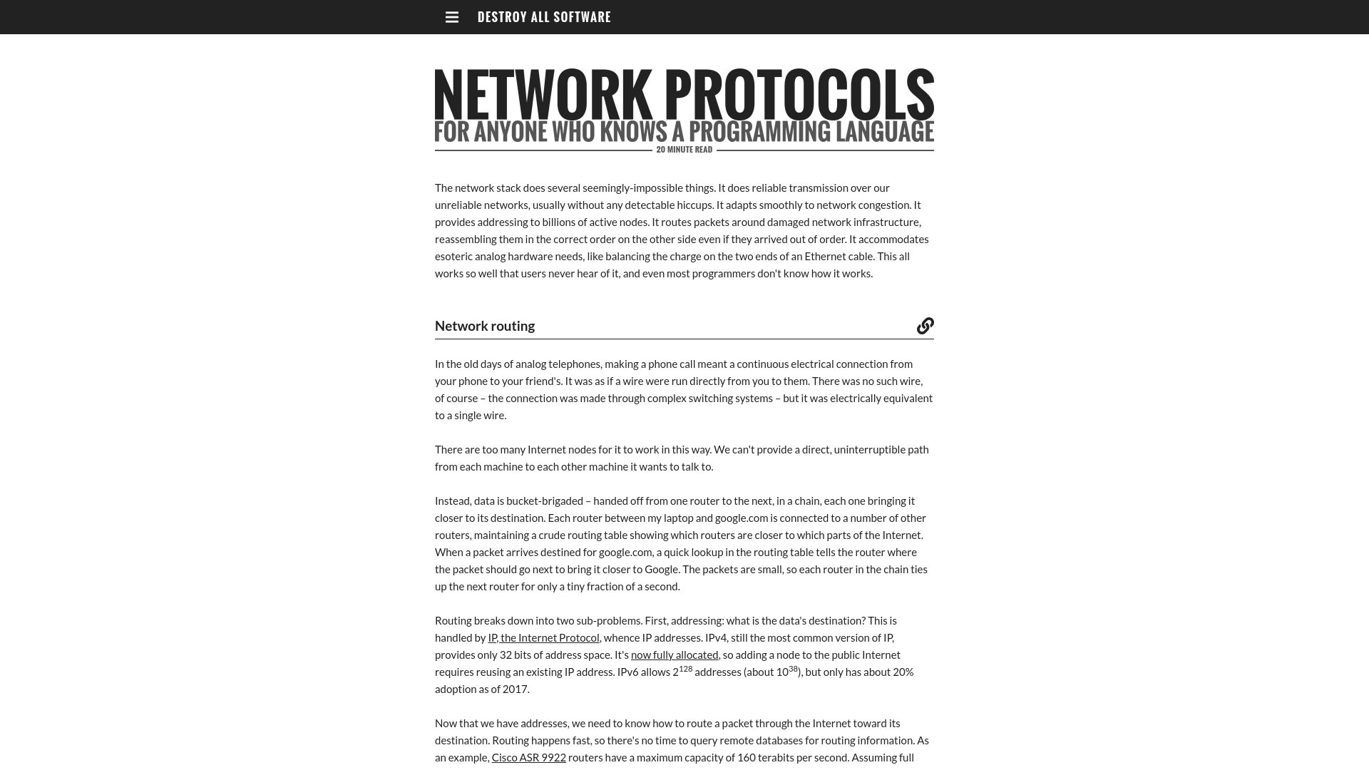 Screenshot of destroyallsoftware.com: Network protocols for anyone who knows a programming language (2017)