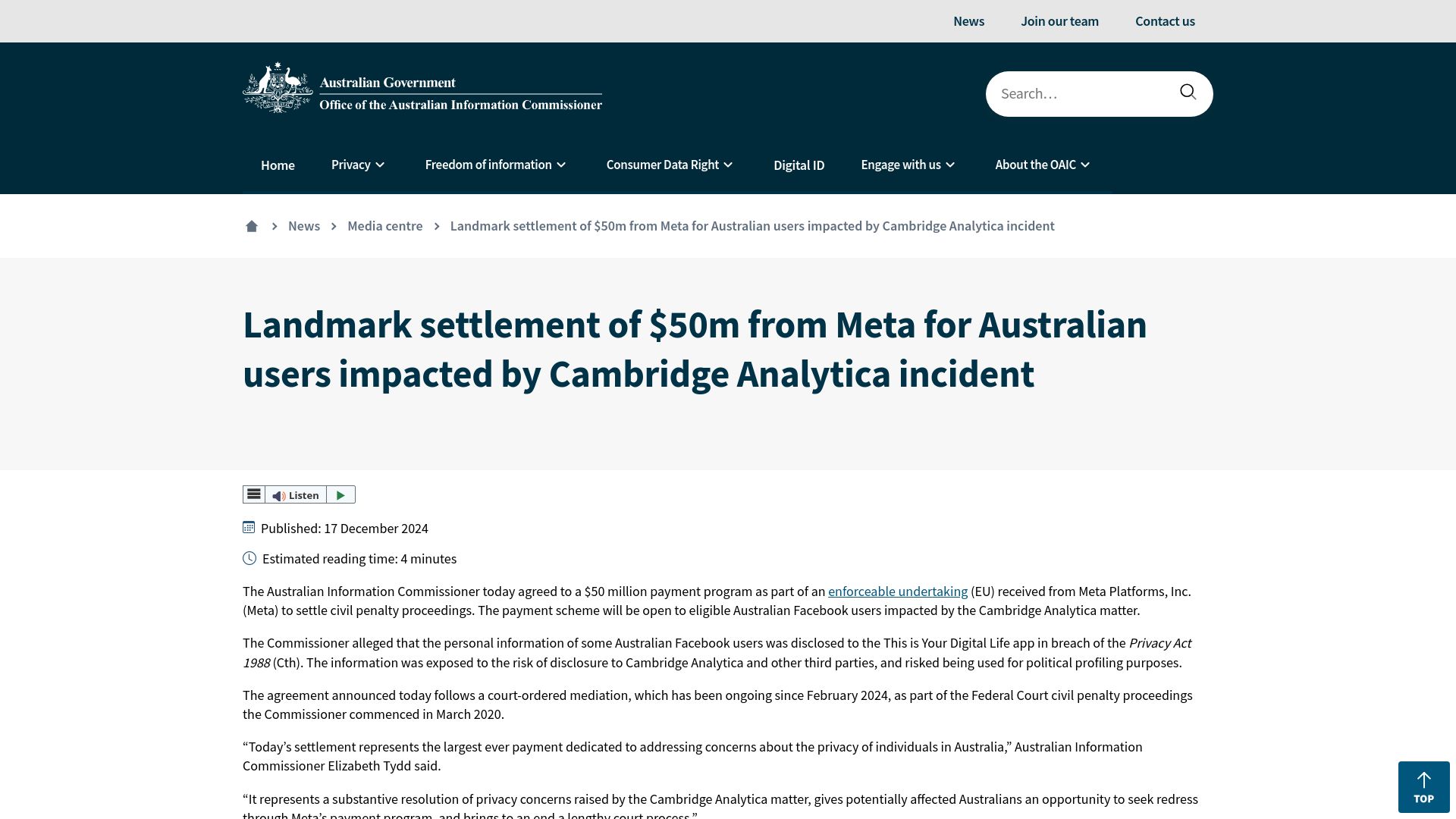 Screenshot of oaic.gov.au: Settlement for Australian users impacted by Cambridge Analytica incident