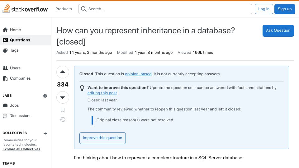 Screenshot of stackoverflow.com: How can you represent inheritance in a database? (2010)