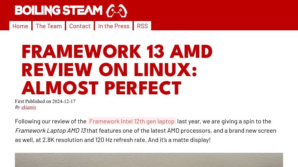 Screenshot of boilingsteam.com: Framework 13 AMD Review on Linux: Almost Perfect