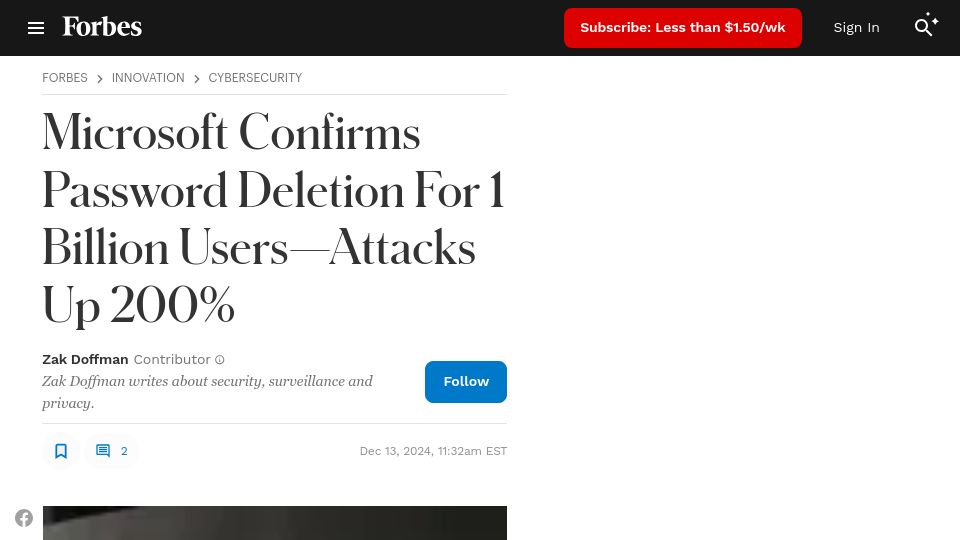 Screenshot of forbes.com: Microsoft Confirms Password Deletion for 1B Users