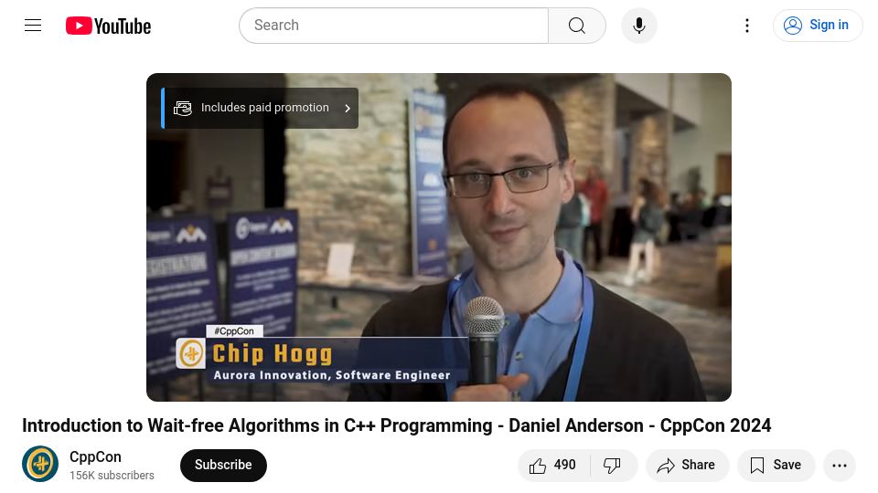 Screenshot of youtube.com: Introduction to Wait-free Algorithms in C++ Programming [video]