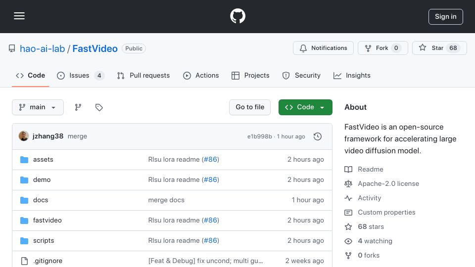 Screenshot of github.com: FastVideo: a lightweight framework for accelerating large video diffusion models