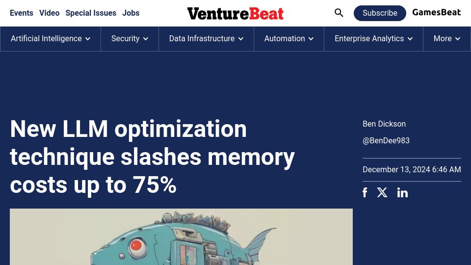 Screenshot of venturebeat.com: New LLM optimization technique slashes memory costs