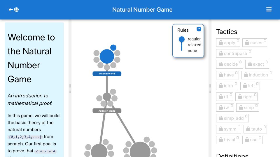 Screenshot of adam.math.hhu.de: Natural Number Game: build the basic theory of the natural numbers from scratch