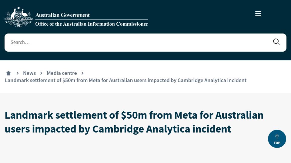 Screenshot of oaic.gov.au: Settlement for Australian users impacted by Cambridge Analytica incident